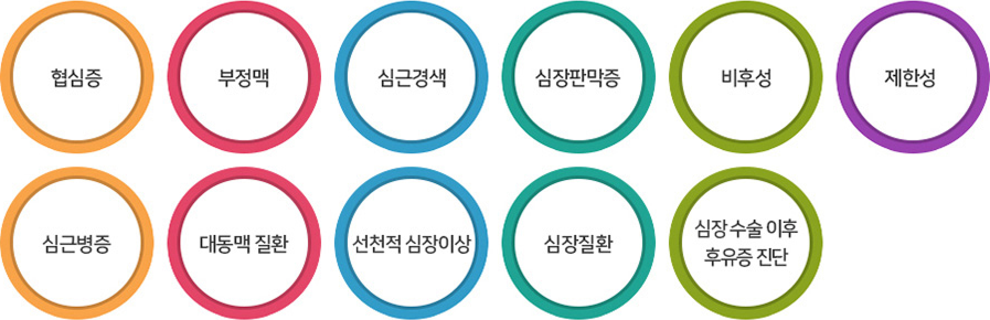 협심증, 부정맥, 심근경색, 심장판막증, 비후성, 제한성, 심근병증, 대동맥 질환, 선천적 심장이상, 심장질환, 심장 수술 이후 후유증 진단